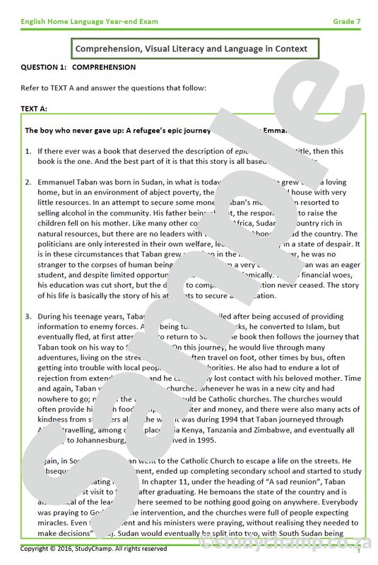 Grade 7 English Year-end Exam Revision:  Comprehension, Language and Visual Literacy
