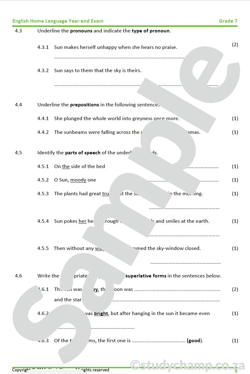 Grade 7 English Year-end Exam Revision:  Comprehension, Language and Visual Literacy