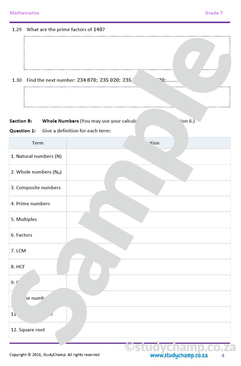 Grade 7 Mathematics Year-end Exam Revision: Numbers, Operations, Multiples and Factors