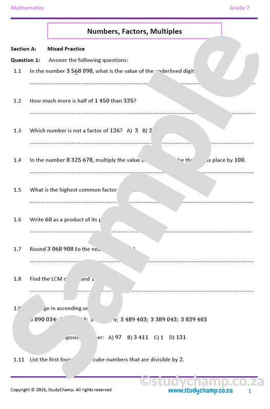 Grade 7 Mathematics Year-end Exam Revision: Numbers, Operations, Multiples and Factors