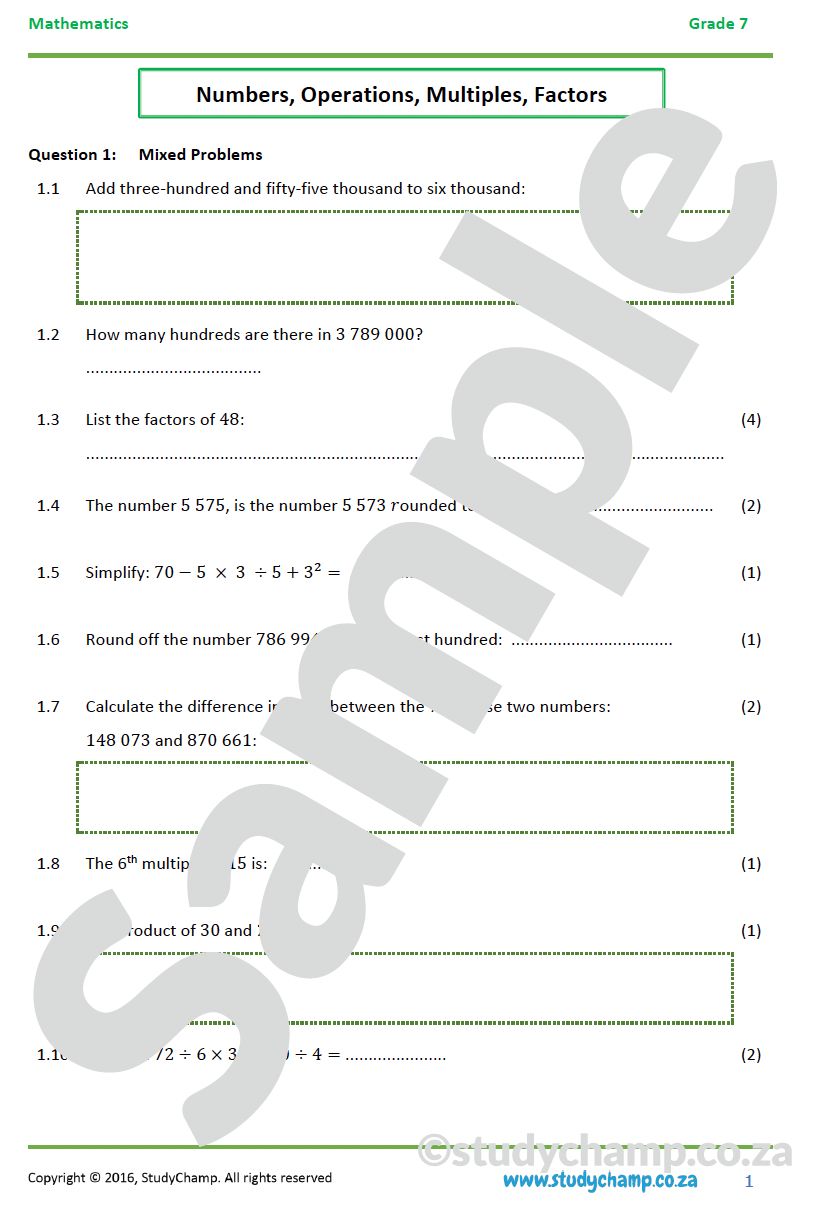 Grade 7 Mathematics Mid-year Exam Revision: Workbook 1
