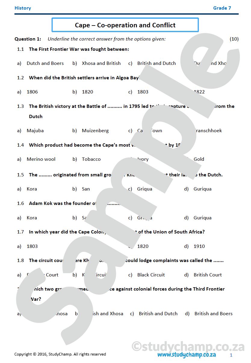 Grade 7 History Test: Cape Colonisation: Co-operation and Conflict