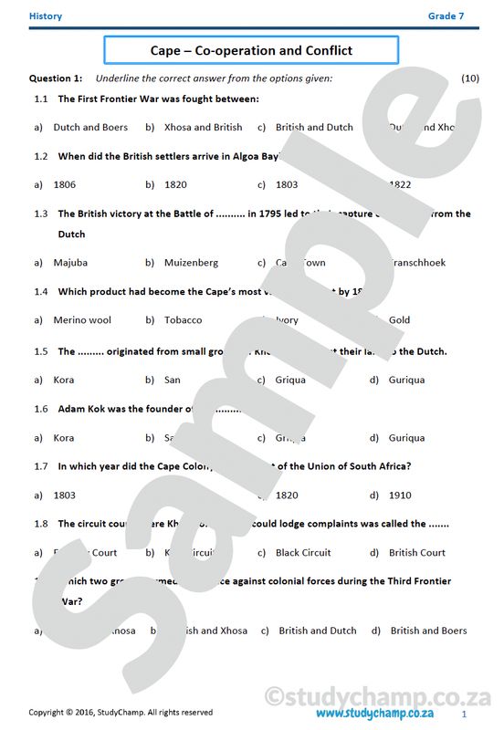 Grade 7 History Test: Cape Colonisation: Co-operation and Conflict
