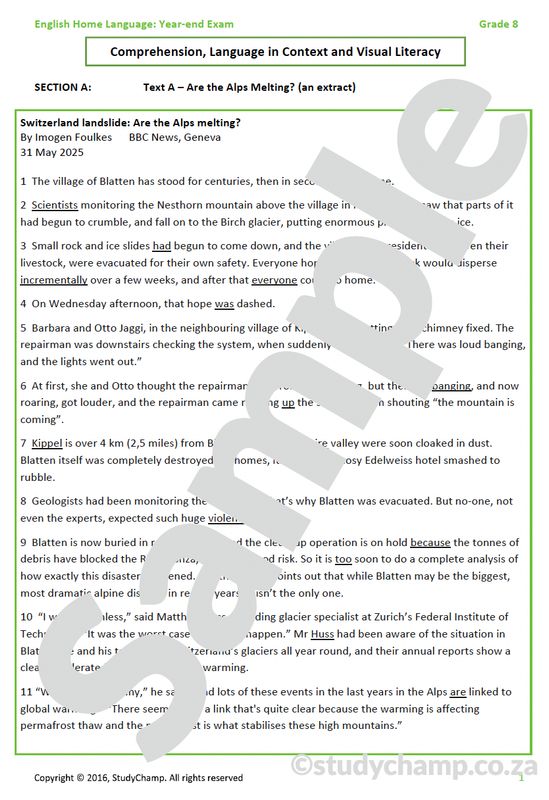 Grade 8 English Year-end Exam Revision: Comprehension and Language