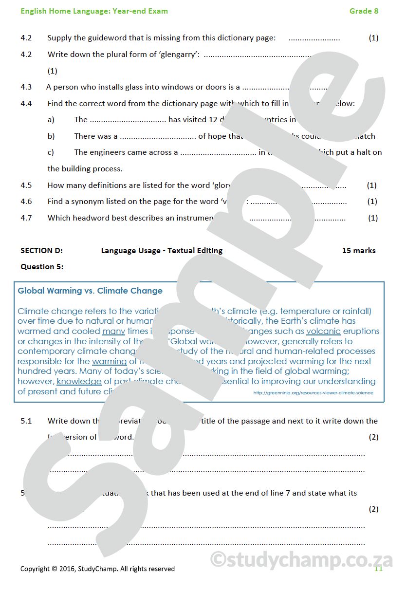 Grade 8 English Year-end Exam Revision: Comprehension and Language