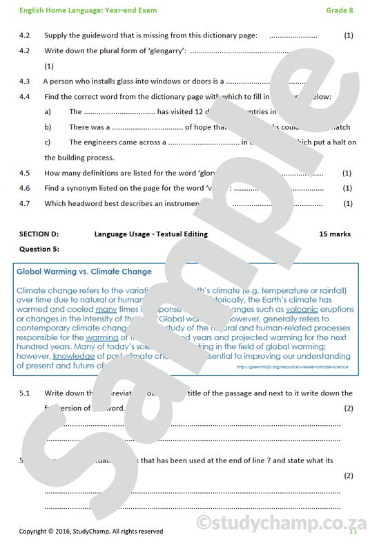 Grade 8 English Year-end Exam Revision: Comprehension and Language