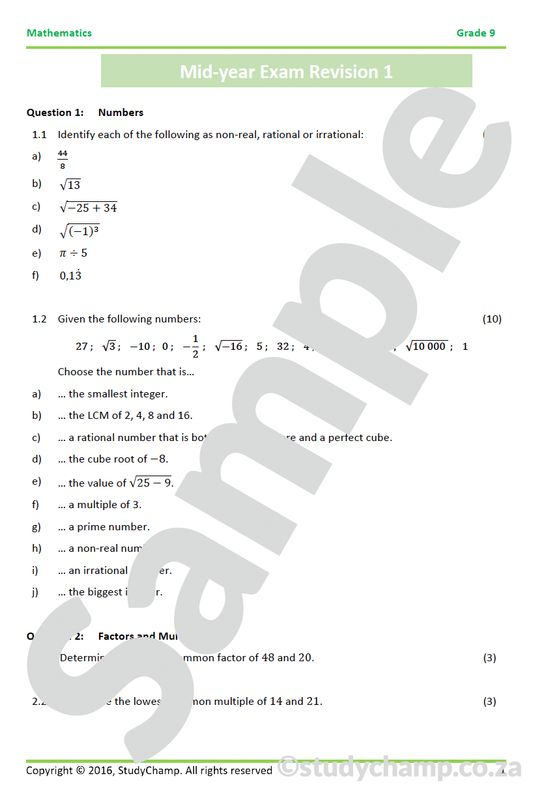 Grade 9 Mathematics Mid-year Exam Revision 2