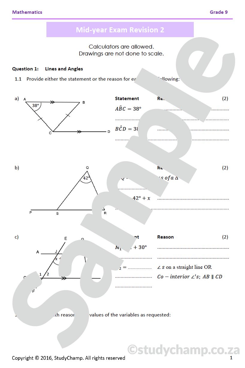 Grade 9 Mathematics Mid-year Exam Revision 2