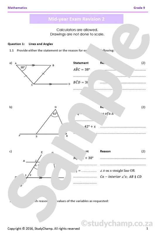 Grade 9 Mathematics Mid-year Exam Revision 2