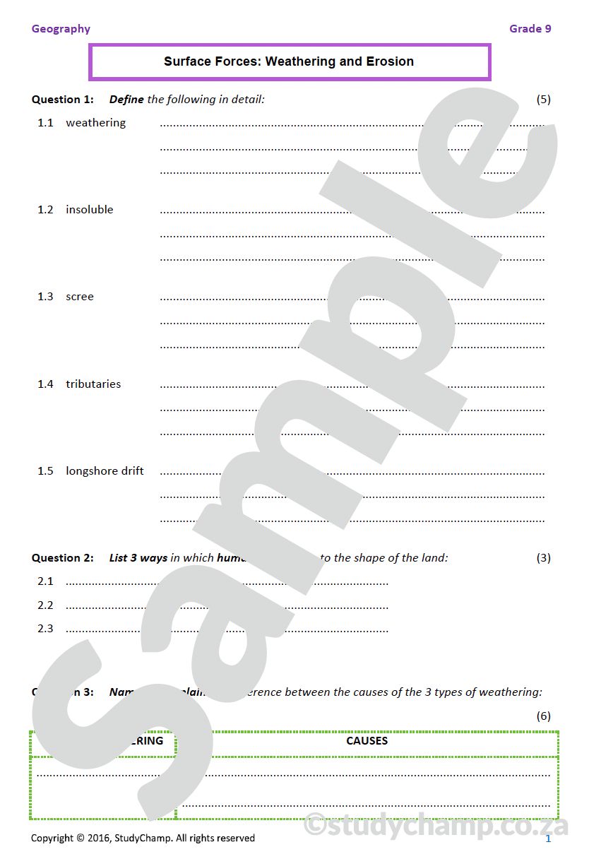 Grade 9 Geography Test: Surface Forces - Weathering and Erosion