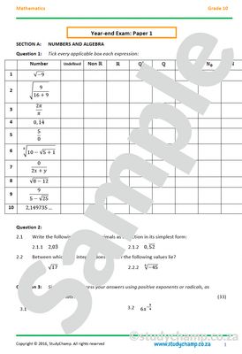 Grade 10 Mathematics Year-end Exam Revision: Workbook 1