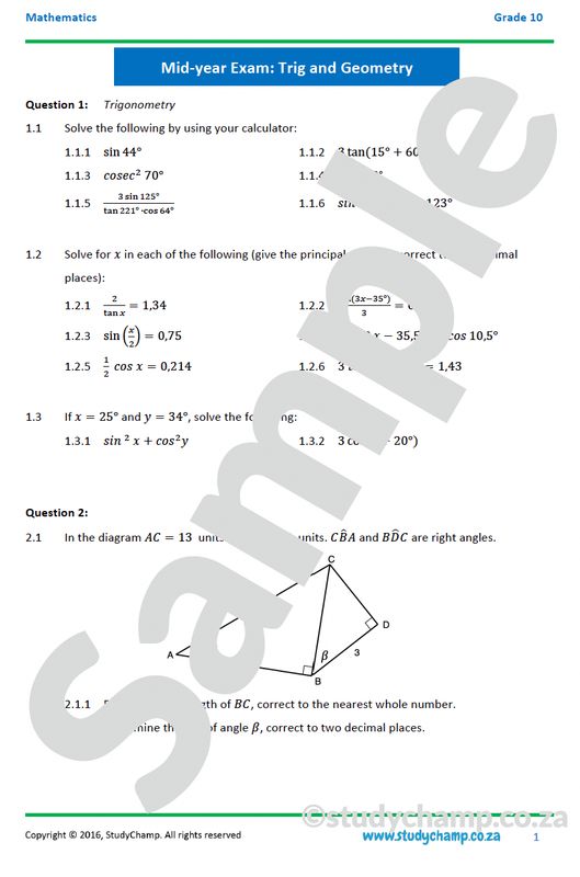 Grade 10 Mathematics Mid-year Exam Revision: Workbook 3