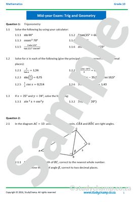Grade 10 Mathematics Mid-year Exam Revision: Workbook 3