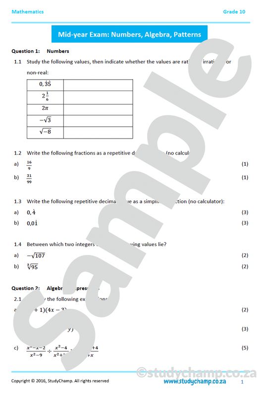 Grade 10 Mathematics Mid-year Exam Revision: Workbook 1