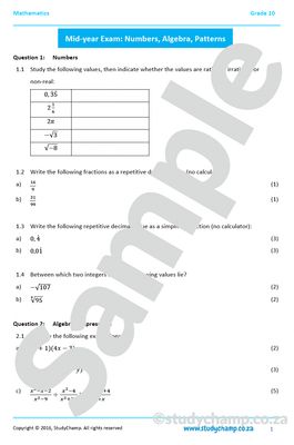 Grade 10 Mathematics Mid-year Exam Revision: Workbook 1