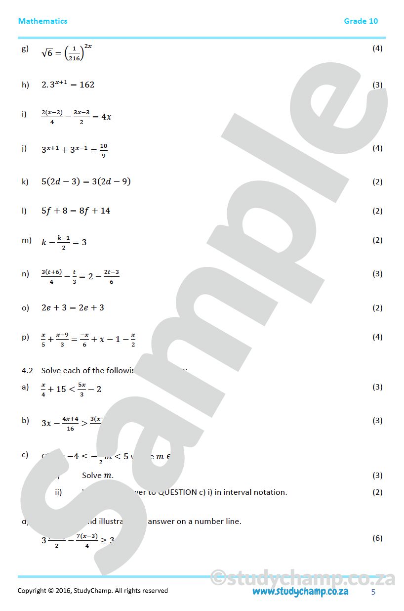 Grade 10 Mathematics Mid-year Exam Revision: Workbook 1