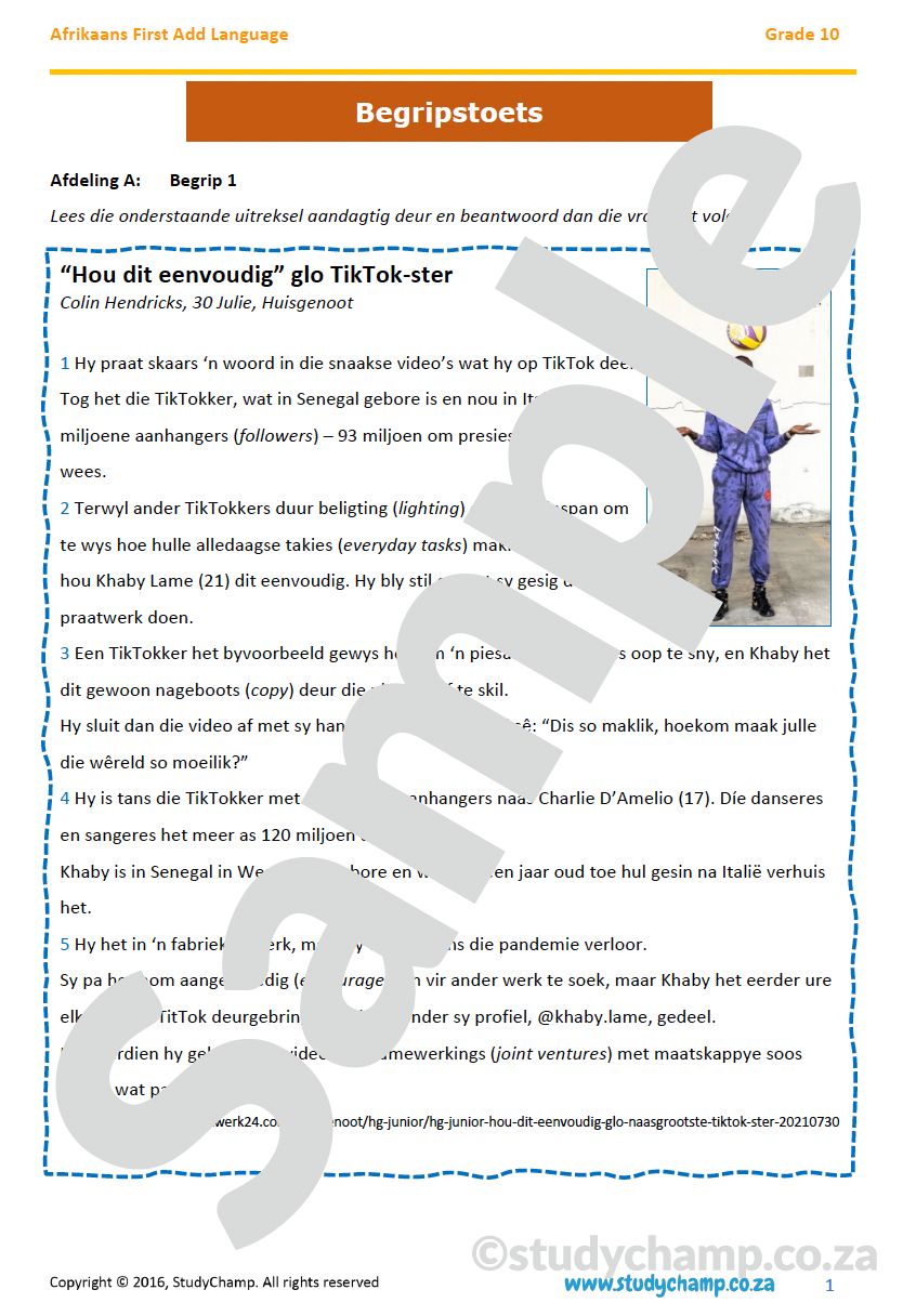 Grade 10 Afrikaans Year-end Exam Revision: Begrip en Taal