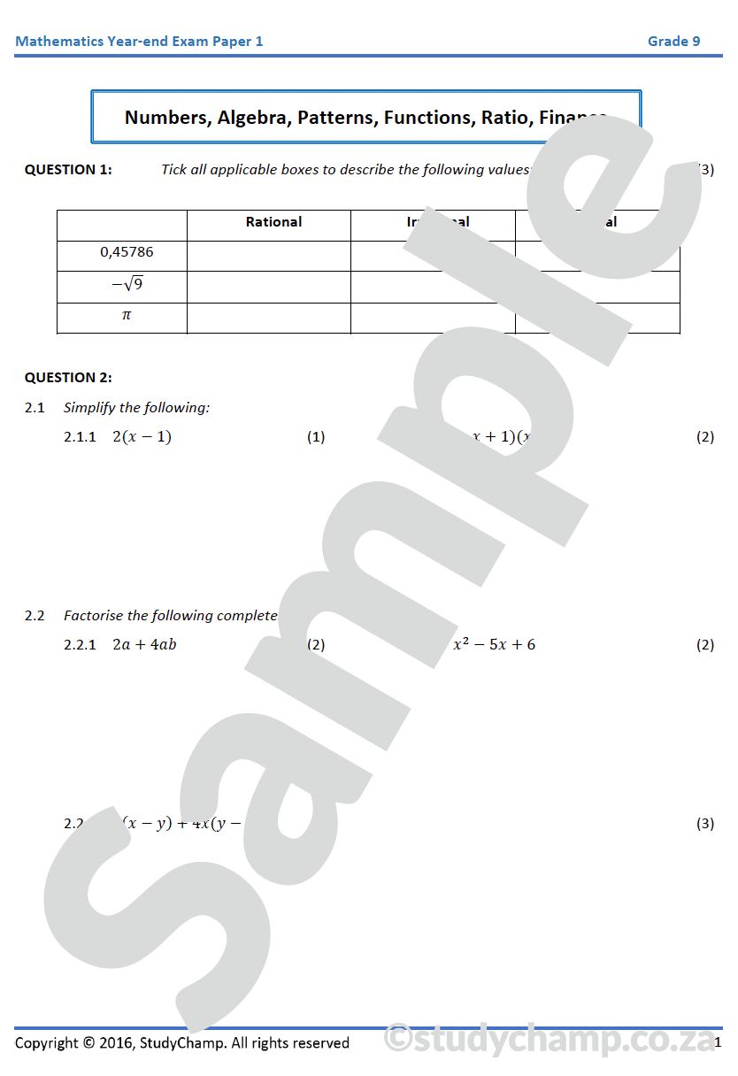 Grade 9 Mathematics Year-end Exam Revision: Workbook 1