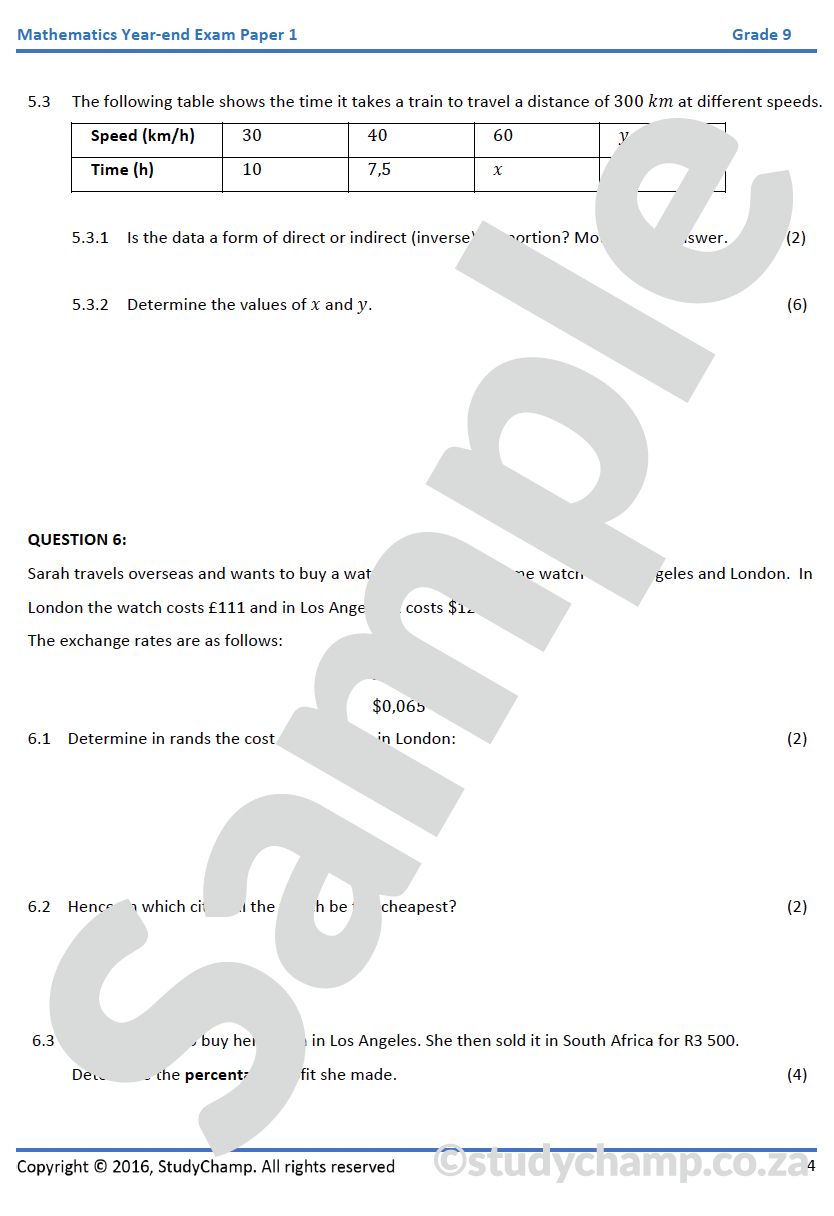 Grade 9 Mathematics Year-end Exam Revision: Workbook 1