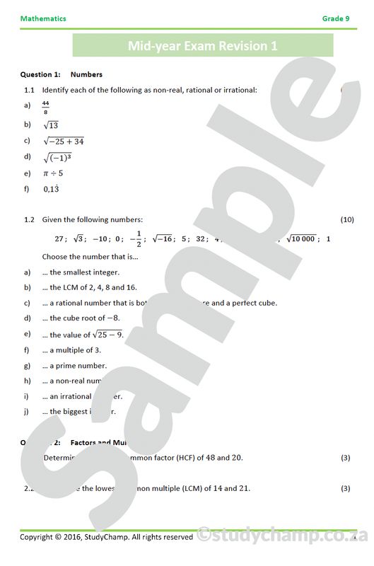Grade 9 Mathematics Mid-year Exam Revision 1