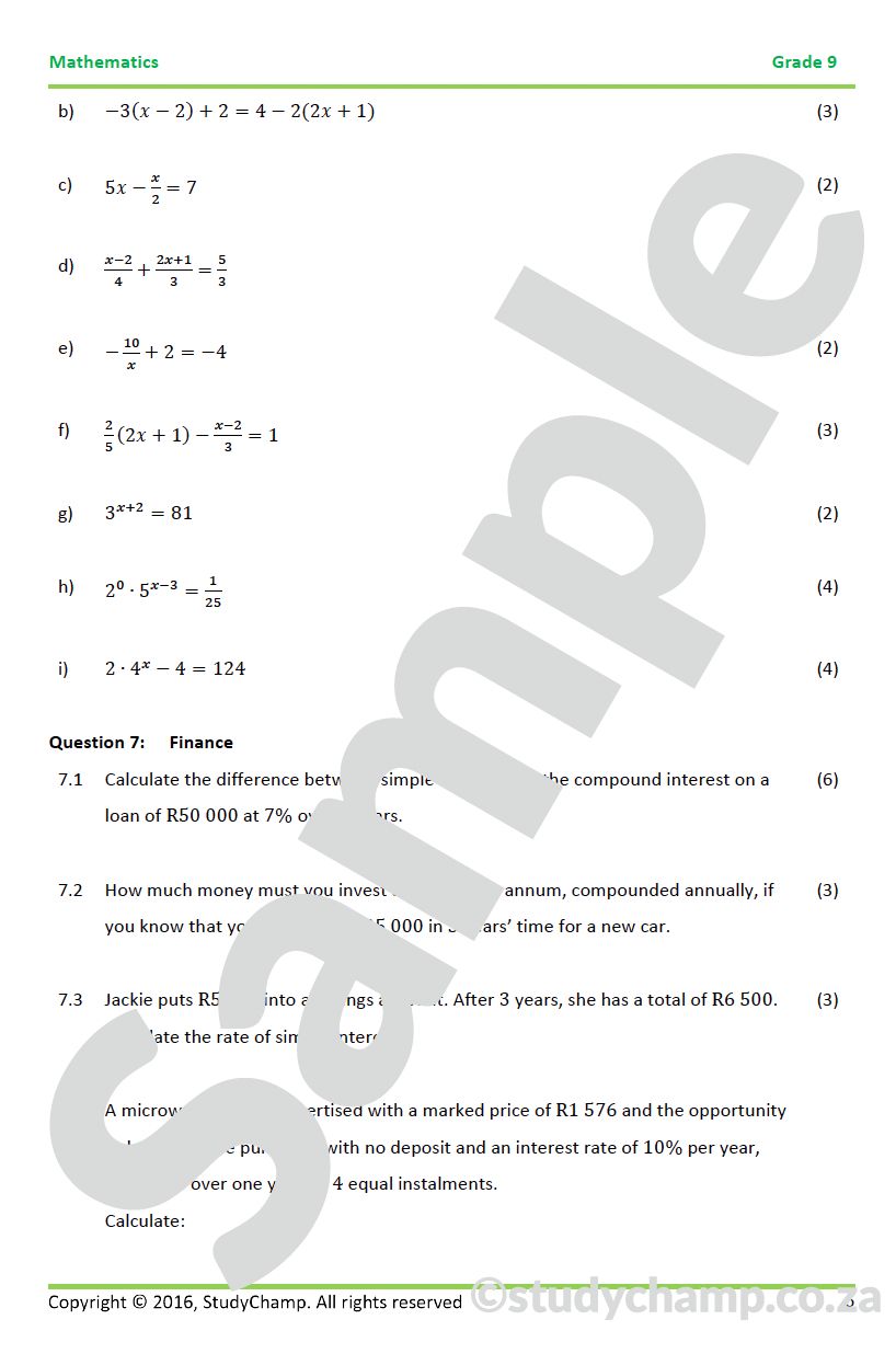 Grade 9 Mathematics Mid-year Exam Revision 1