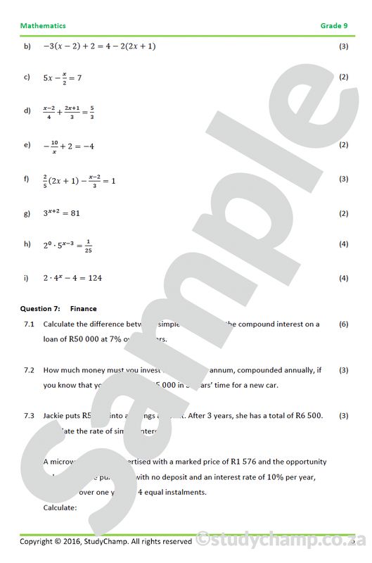 Grade 9 Mathematics Mid-year Exam Revision 1