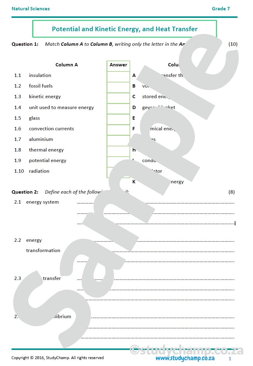 Grade 7 Natural Sciences Test: Potential and Kinetic Energy and Heat Transfer