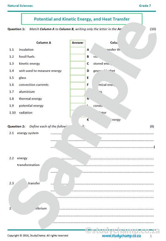 Grade 7 Natural Sciences Test: Potential and Kinetic Energy and Heat Transfer