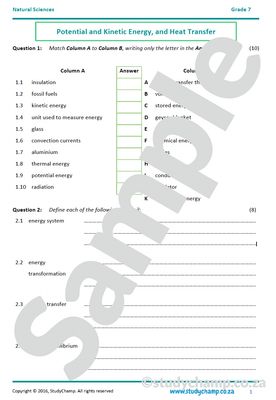 Grade 7 Natural Sciences Test: Potential and Kinetic Energy and Heat Transfer