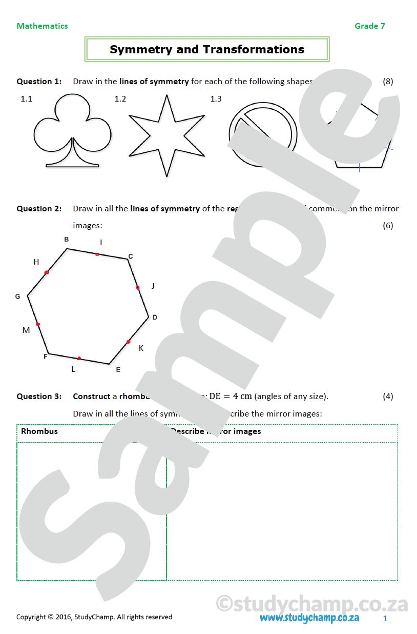 Grade 7 Mathematics Worksheet: Symmetry and Transformations