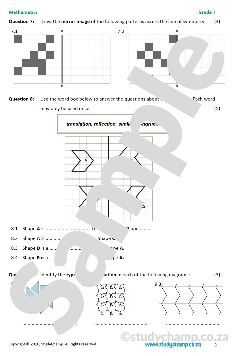 Grade 7 Mathematics Worksheet: Symmetry and Transformations