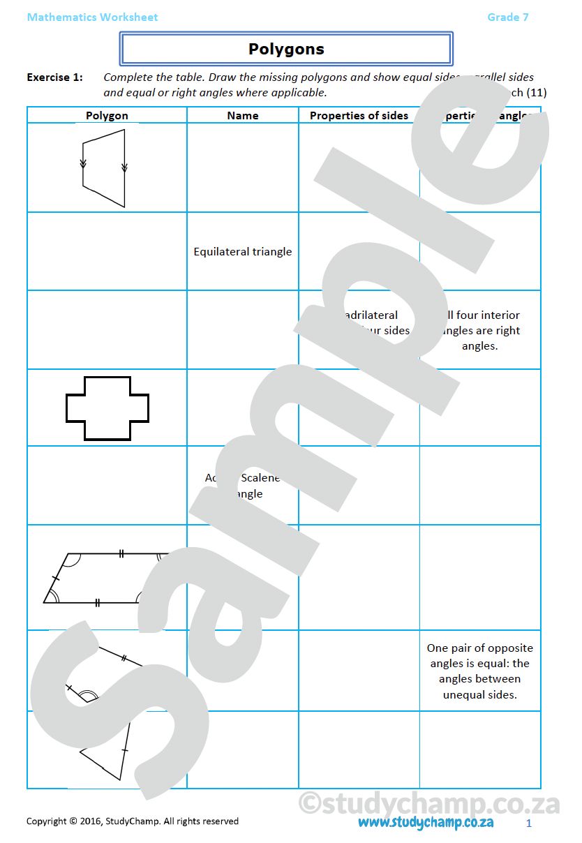 Grade 7 Mathematics Worksheet: Geometry - Polygons
