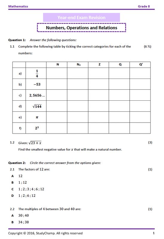 Grade 8 Mathematics Year-end Exam Revision: Workbook 1