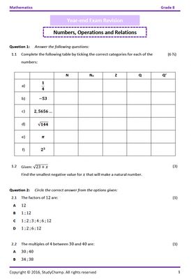 Grade 8 Mathematics Year-end Exam Revision: Workbook 1