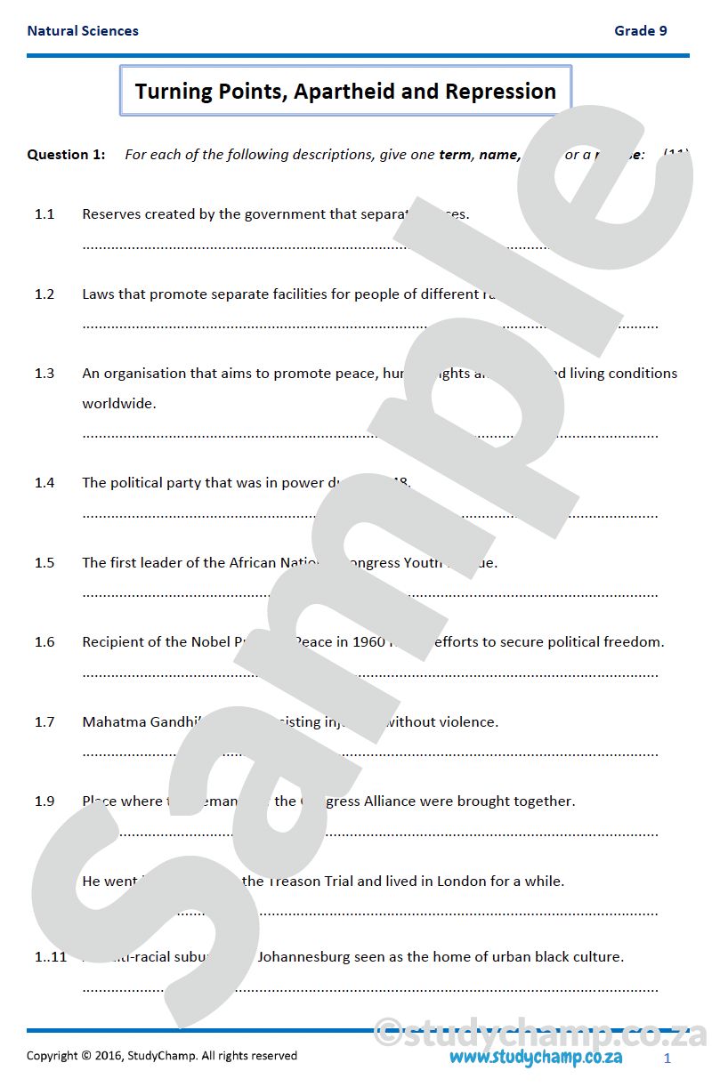 Grade 9 History Test: Turning Points, Apartheid and Repression