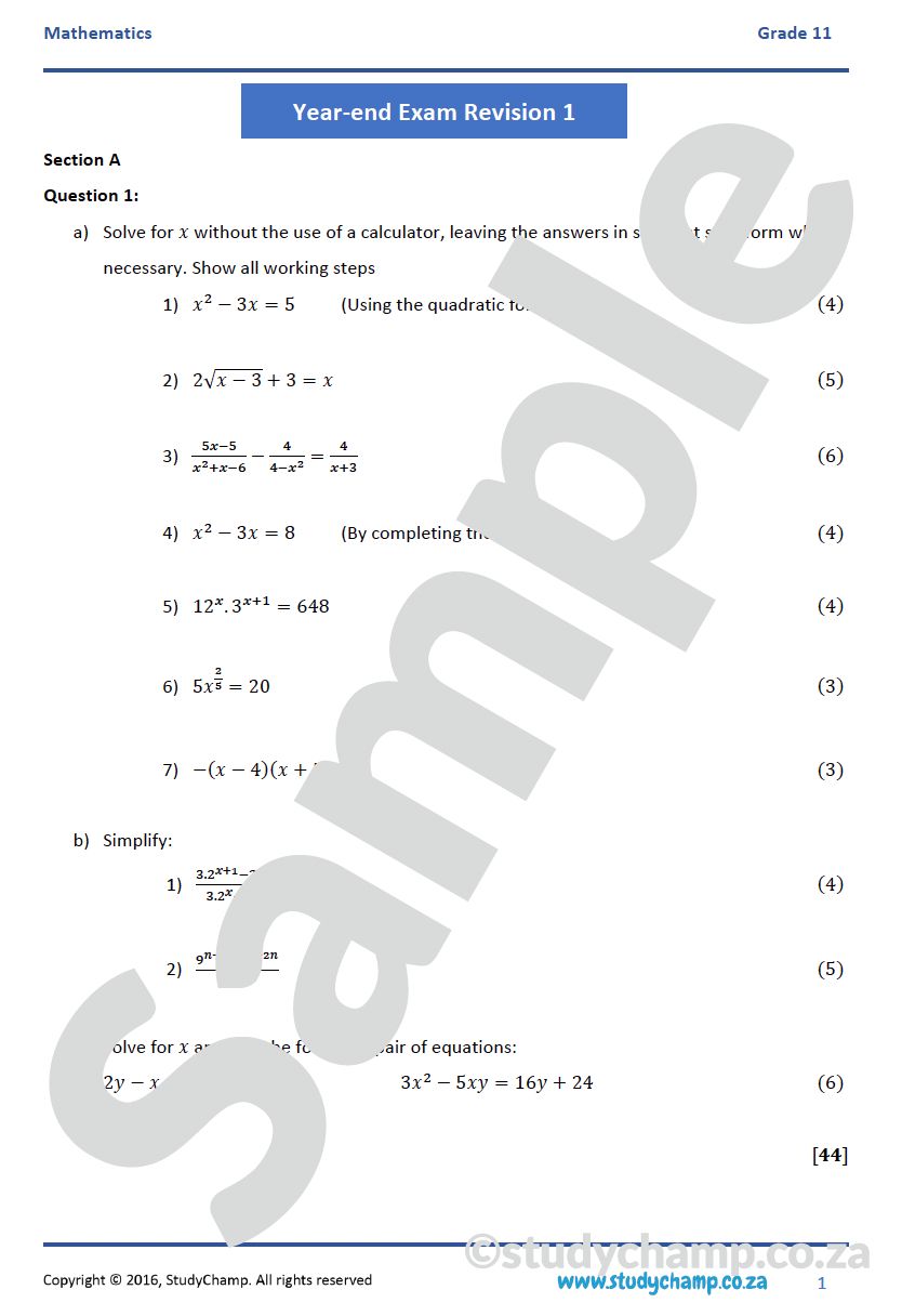 Grade 11 Mathematics Year-end Exam Revision: Workbook 1