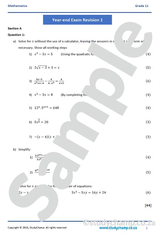 Grade 11 Mathematics Year-end Exam Revision: Workbook 1