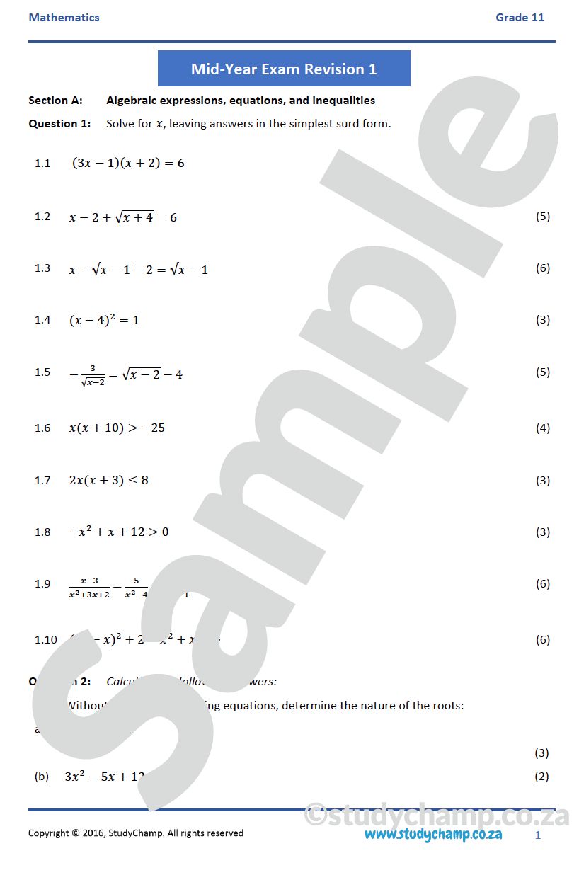 Grade 11 Mathematics Mid-Year Exam Revision: Algebra and Functions