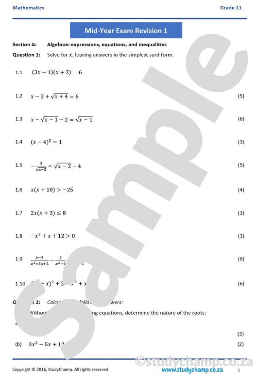 Grade 11 Mathematics Mid-Year Exam Revision: Algebra and Functions