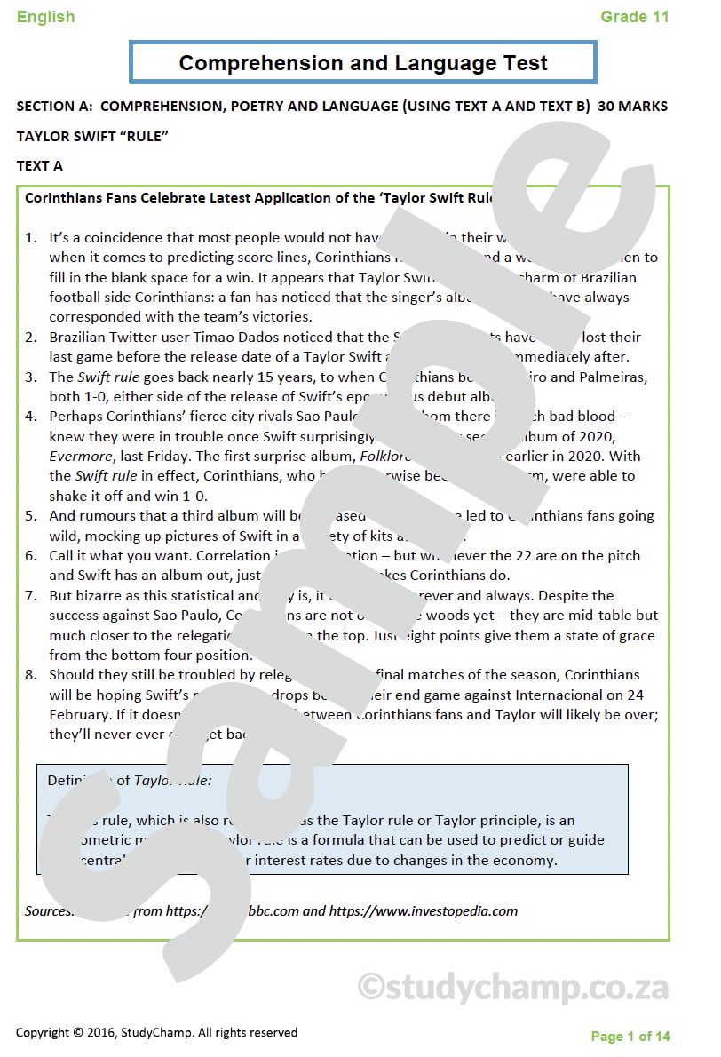 Grade 11 English: Comprehension and Language: Taylor Swift