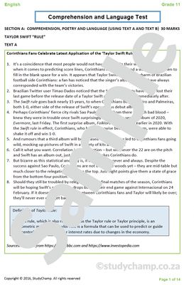 Grade 11 English: Comprehension and Language: Taylor Swift