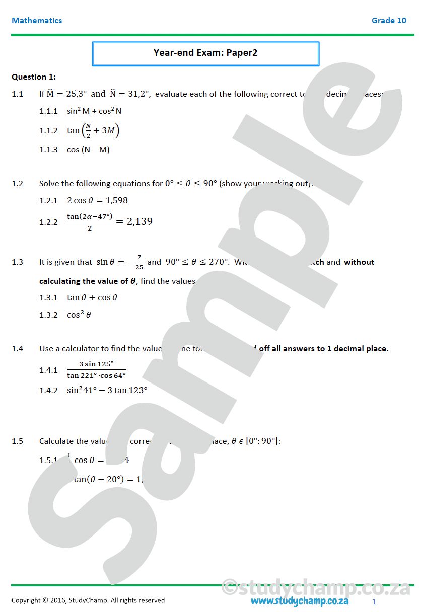 Grade 10 Mathematics Year-end Exam Revision: Workbook 2