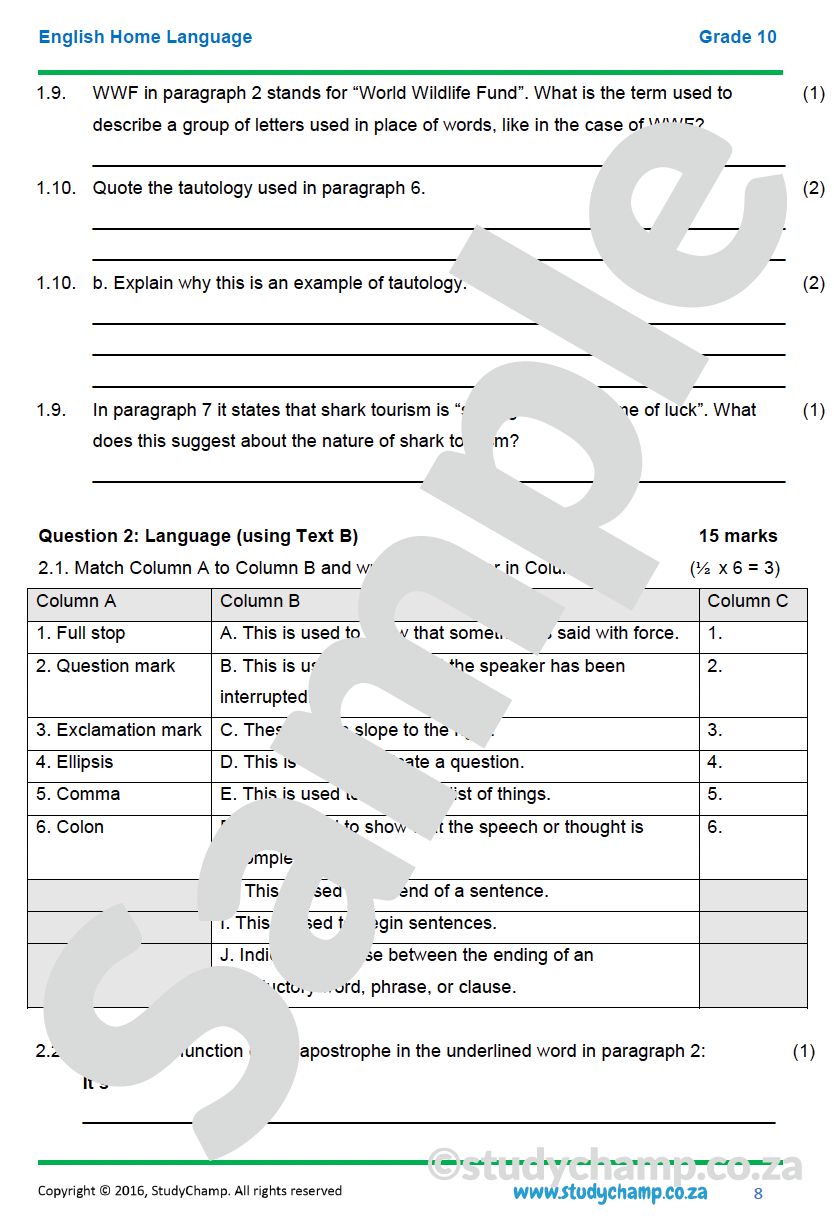 Grade 10 English Year-end Exam Revision: Comprehension and Language