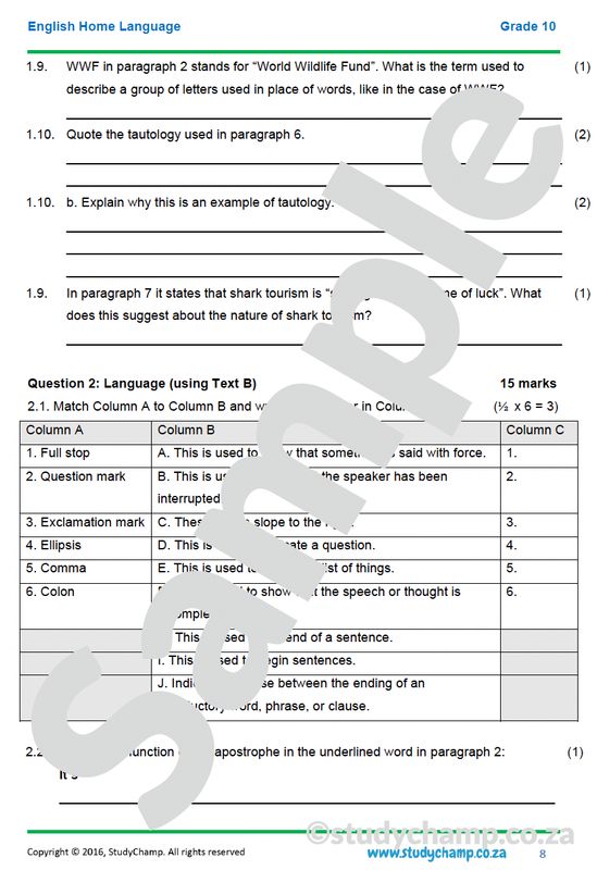 Grade 10 English Year-end Exam Revision: Comprehension and Language