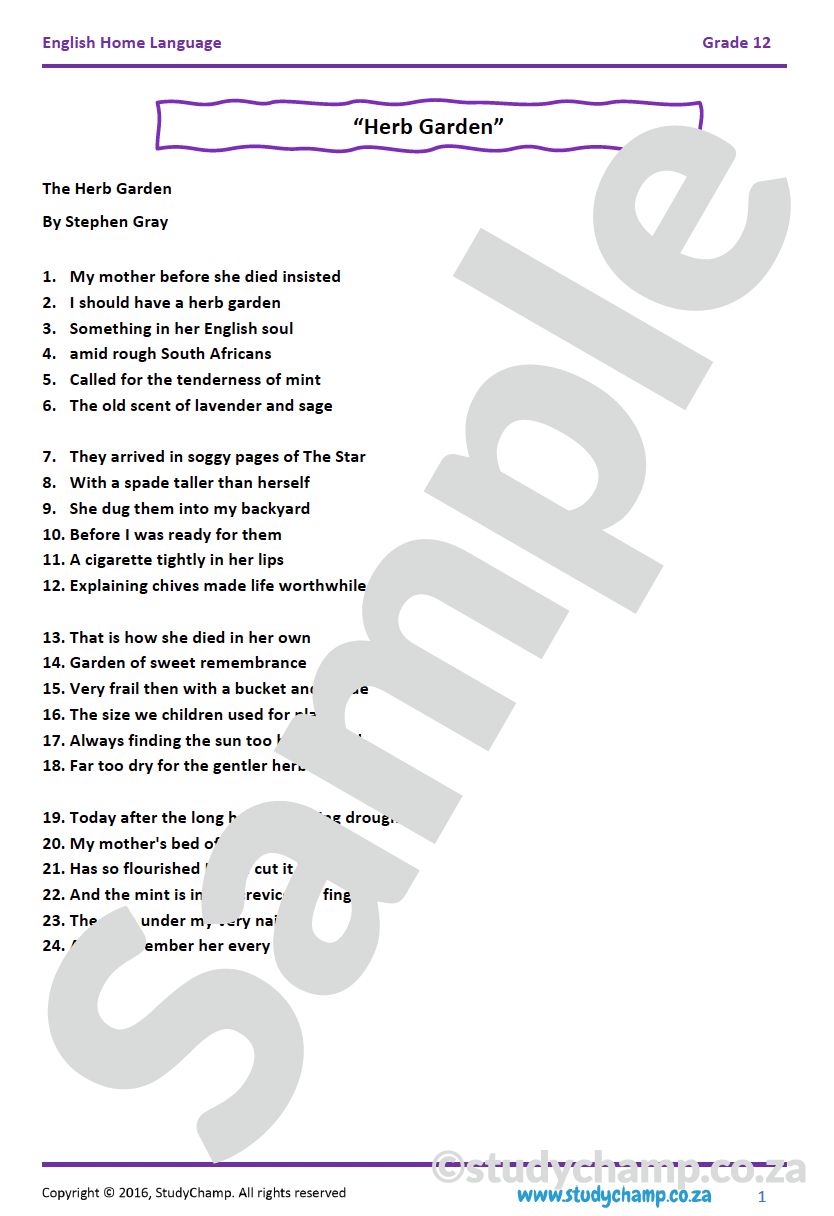 Grade 12 IEB English Home Language: Poetry - Strangers Forever and Herb Garden