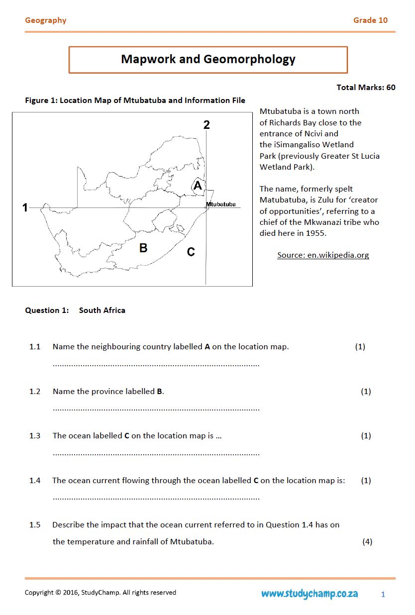 Grade 10 Geography Test: Mapwork and Geomorphology
