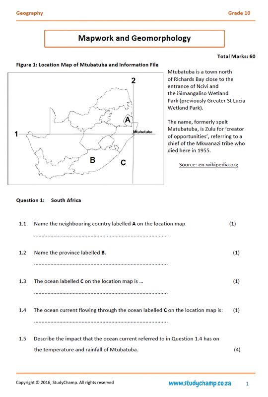 Grade 10 Geography Test: Mapwork and Geomorphology