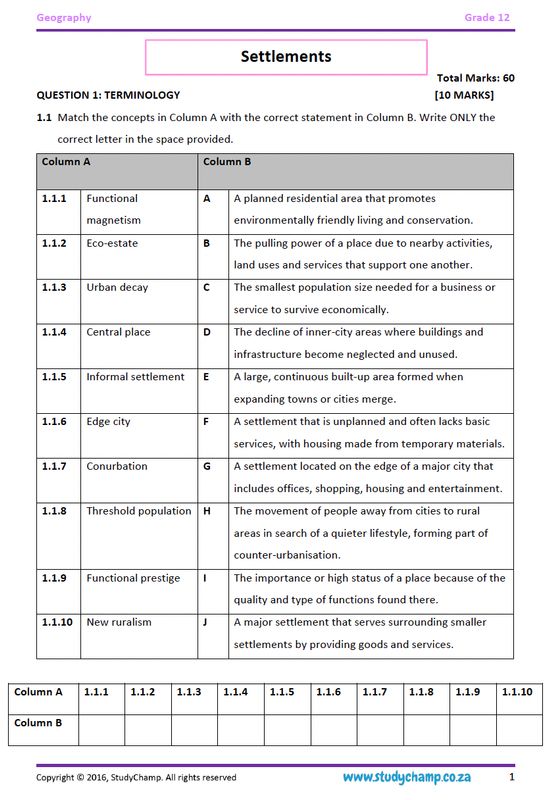 Grade 12 Geography IEB Test: Settlements