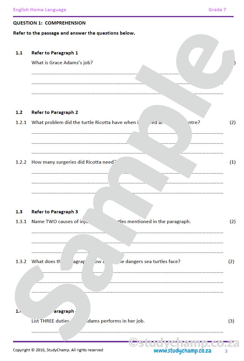 Grade 7 English Comprehension: Sea Turtles