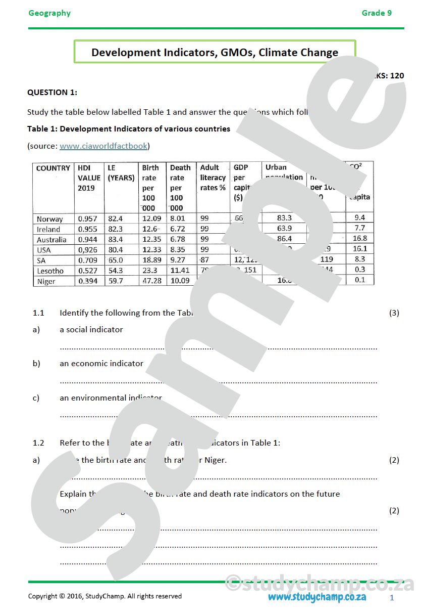 Grade 9 Geography Midyear Exam: Development and Climate Change